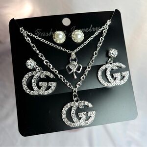 New! Silver Crystal Earrings Necklace Set (4 pieces in one set)
